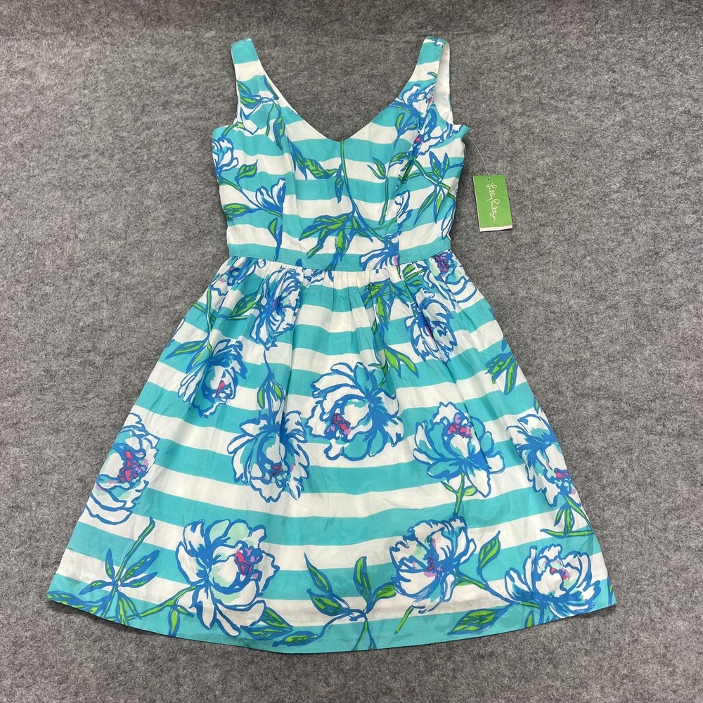 Lilly Pulitzer Roswell Dress Womens 00 Blue Floral Fit & Flare Silk 52991W